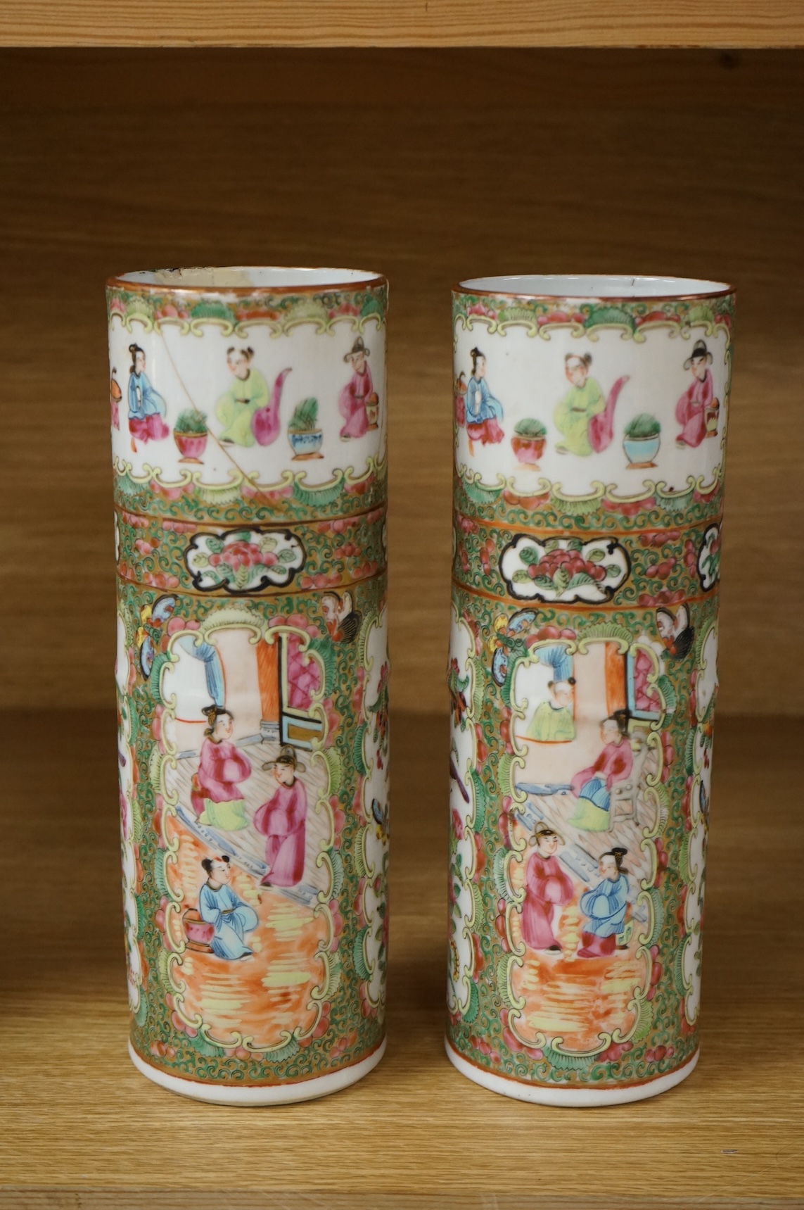 A pair of 18th century Chinese famille rose sleeve vases, a pair of 19th century Canton pattern vases and two English spill vases (6), tallest 25cm